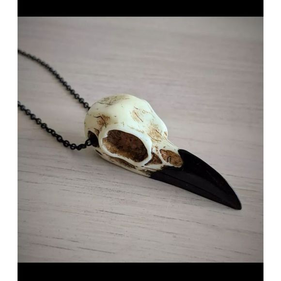 Large raven skull resin goth punk grunge black stainless steel chain necklace - Picture 3 of 9